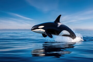 Majestic orca leaps gracefully from calm ocean waters under bright blue skies at midday