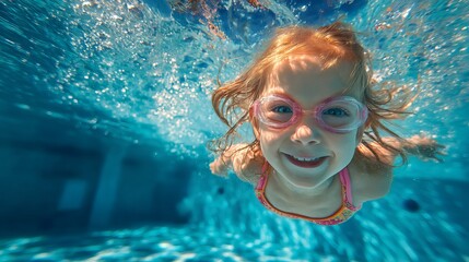 Fototapeta premium Underwater delight: Smiling little girl with goggles swims joyfully in a sparkling blue swimming pool capturing carefree summer fun.