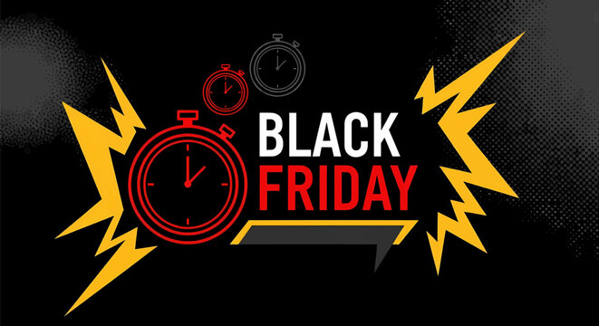 Black Friday deals Catchy promotional art with timer clocks to encourage urgency, tempting customers to buy faster.