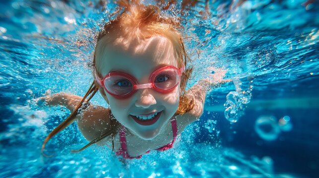 Underwater fun with a smiling child swimming in a pool, wearing goggles and red hair flowing freely. - Powered by Adobe