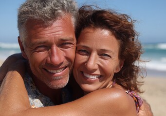 Close-up of a happy middle-aged couple hugging on the beach, showcasing love and warmth during a vacation getaway.