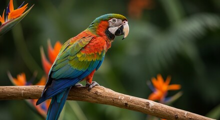 Obraz premium A colorful parrot perched on a tropical branch with a vibrant jungle background