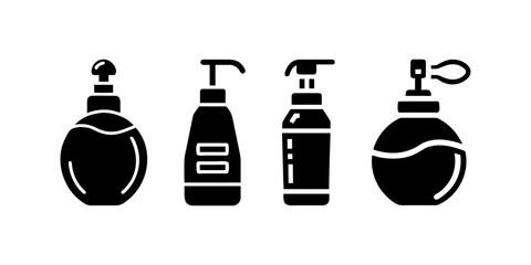 Obraz premium Set of silhouette icons representing bottles, jars, and cosmetic containers. Includes lotion, soap, serum, and essential oil packaging.
