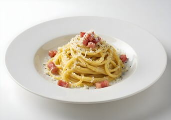 Traditional Roman pasta dish with guanciale and pecorino, light creamy sauce on rigatoni or spaghetti, black pepper garnish, elegant white plating on white background.