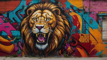 Graffiti art of a roaring lion with colorful geometric patterns &mdash; high impact and symbolic.