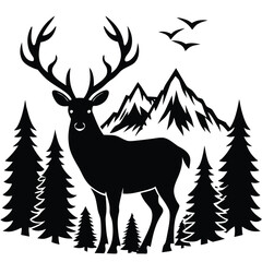  Pure black design of a standing stag with large antlers surrounded by tall pine trees, birds flying in the sky, and mountain peaks in the background