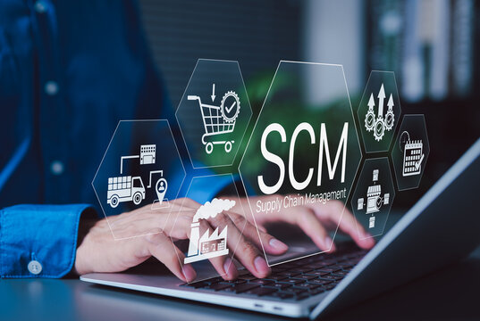 SCM, Supply Chain Management and Logistics System Concept. Person using laptop with icons representing supply chain management, logistics, procurement, inventory, distribution, manufacturing processes