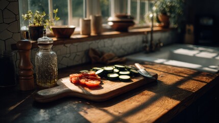 Crafting culinary delights with fresh vegetables on a sunlit kitchen counter surrounded by nature's warmth and rustic charm