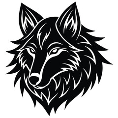 Obraz premium Pure black tribal-style design of a howling wolf face in side profile with stylized fur details, isolated on white background.