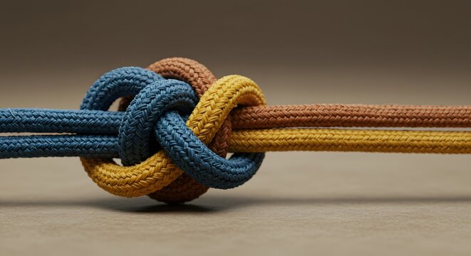 Three ropes intertwined together forming a strong knot, symbolizing unity and connection. The ropes are in shades of blue, yellow, and brown.