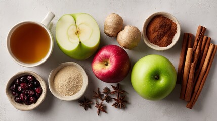 Rustic arrangement of apple cider ingredients on a gray background, perfect for autumn drinks and baking.