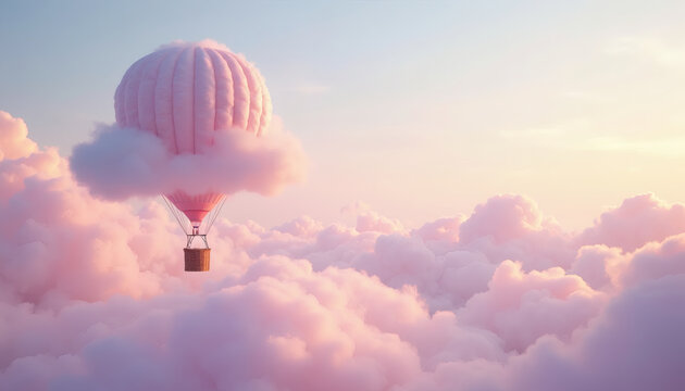 Surreal Hot Air Balloon Cloud Floating Over Pastel Sky, Dreamy, Ethereal, Whimsical, Luxury Travel, Fantasy, Magical, Soft Gradient, Golden Hour, Creative Branding, Shareable Content