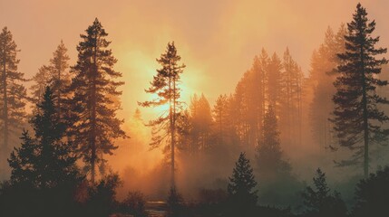 Misty morning light filtering through tall pine trees, creating an enchanting atmosphere as the sun rises softly in the background