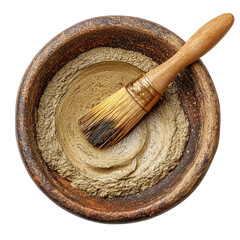 Clay face mask in ceramic bowl with wooden brush - isolated white background 