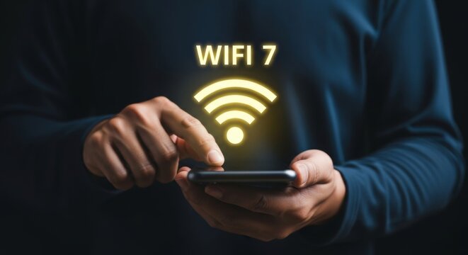 A person uses a smartphone to connect to the new wifi 7 network, symbolizing advanced wireless technology
