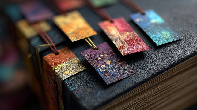 Embossed vintage album with colorful artistic tags attached with bronze clips, displaying a textured finish and vibrant hues.