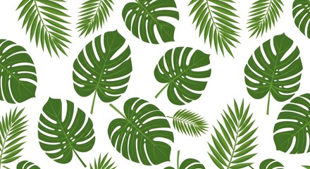 Green monstera and palm leaf pattern on white background