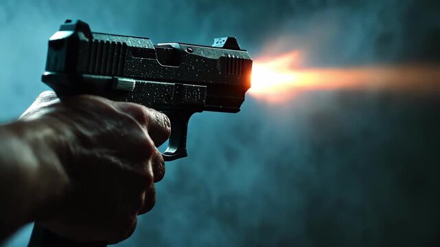 Hand firing a handgun, muzzle flash visible, dark moody background