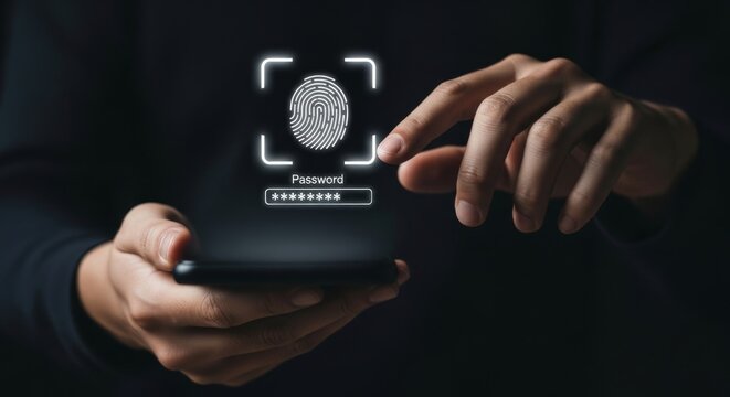 A person uses their fingerprint to unlock a smartphone with a digital password interface - Powered by Adobe
