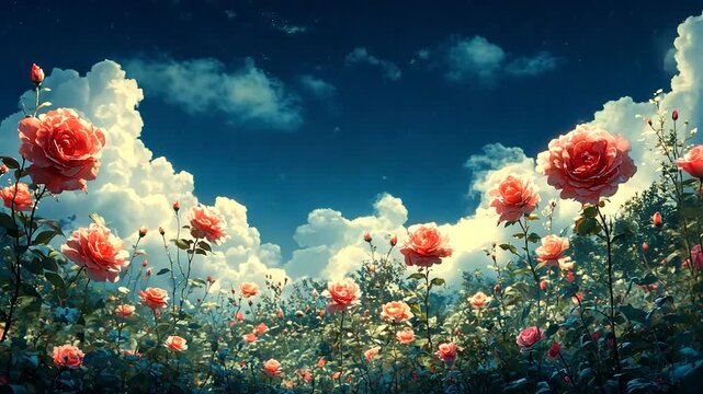 Lush rose garden under a vibrant sky