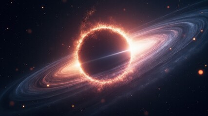 Fototapeta premium black hole with glowing energy ring and swirling space dust, set against deep space background. distant planet saturn, mysterious allure of universe. astronomy, science fiction, educational wallpaper