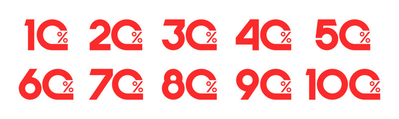 Set of collection discount sale labels on percent red color vector illustration. Shopping discount amount with discount 10, 20, 30, 40, 50, 60, 70, 80, 90, 100%