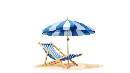 Blue striped beach chair and umbrella watercolor illustration 
