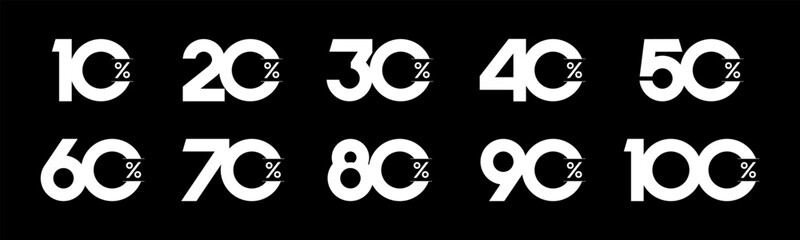 Set of collection discount sale labels on percent white color vector illustration. Shopping discount amount with discount 10, 20, 30, 40, 50, 60, 70, 80, 90, 100%
