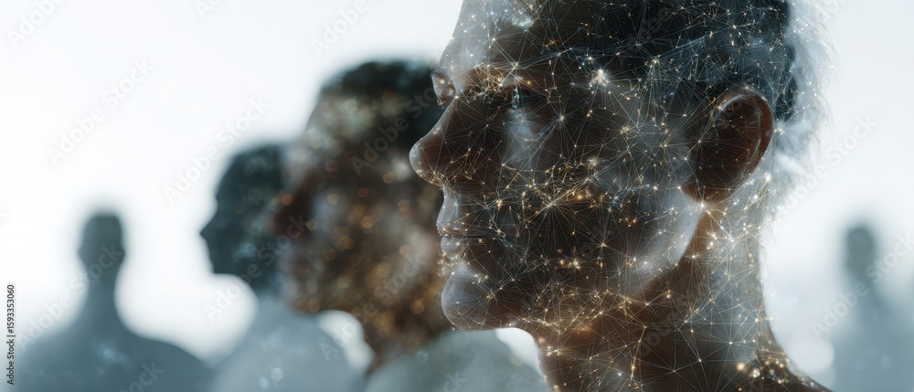 Poster double exposure of overlapping faces and netting in abstract conceptual art