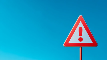 A triangular warning sign with an exclamation mark against a bright blue sky, indicating caution or alertness for drivers and pedestrians. emergency mark. Illustration