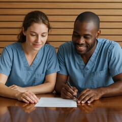 Obraz premium Male and female healthcare professionals reviewing documents in an office