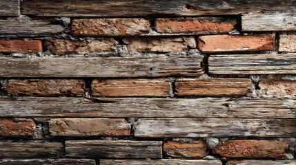 An old wooden wall background features old wood and bricks, with multidimensional shading, digital enhancement, and packed with hidden details. hidden features. Illustration