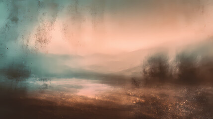 A soft, blurry abstract composition with muted tones of sepia, dusty rose, and faded teal. the image resembles an old photograph partially erased by time, with swirling textures. erased boundary.