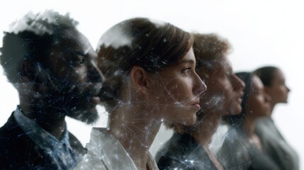 Innovative technology concept with double exposure of diverse profiles and networking