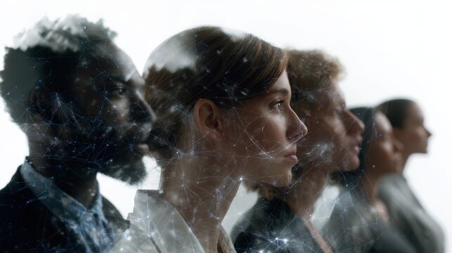 Innovative technology concept with double exposure of diverse profiles and networking