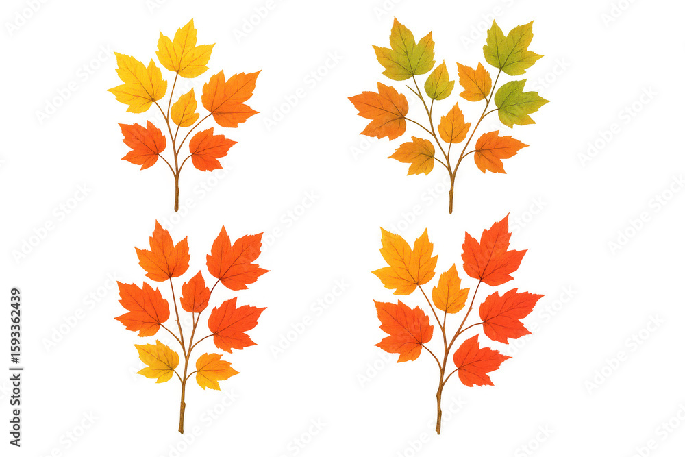 Poster four branches with colorful autumn leaves are isolated on a transparent background, creating a vibra