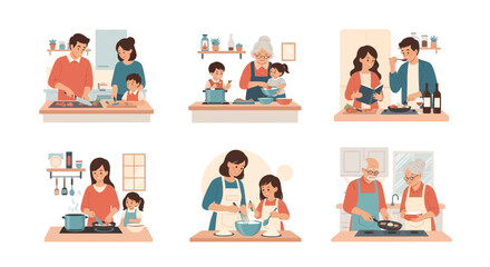 Collection of illustrations depicting families cooking together in the kitchen, featuring parents, children, and grandparents preparing meals and baking.