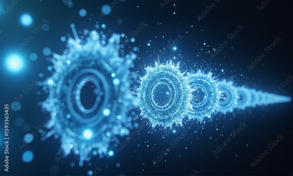 Poster a series of glowing, ethereal blue rings recede into a dark space, creating a sense of depth and mys