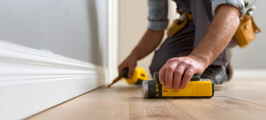 Man installing new skirting board - DIY home work concept