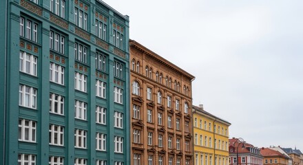 Colorful historic buildings with white windows line a city street