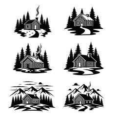 Obraz premium Six black and white illustrations of log cabins nestled in nature, featuring trees, mountains, and winding paths.