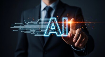 A businessman touches a glowing blue ai symbol with integrated circuit lines, representing artificial intelligence