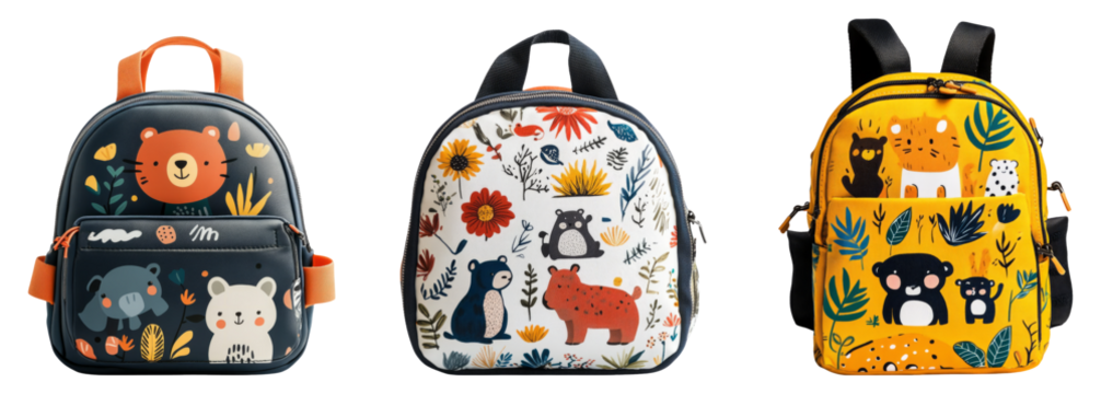 Colorful children's backpacks featuring animal designs on a transparent background