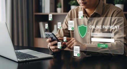 A person uses a smartphone for online payment with a laptop nearby, displaying a secure transaction interface
