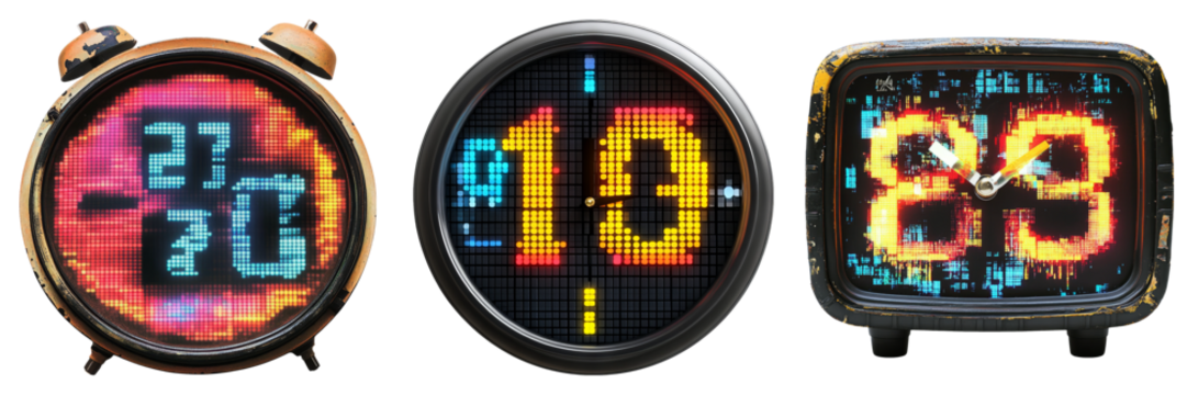 Retro Alarm Clocks Isolated on Transparent Background for Design Use