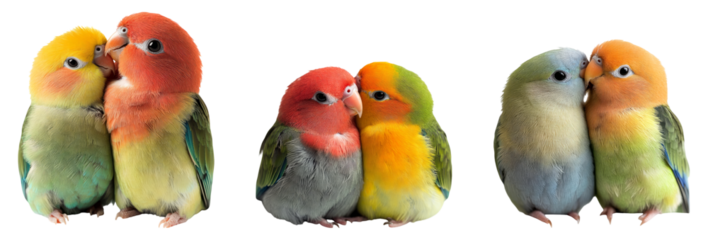 Three colorful lovebirds isolated on a transparent background, showcasing their vibrant plumage and affectionate behavior