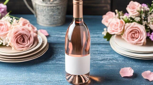 Pink Rose Wine Bottle Mockup Romantic Table Setting - Powered by Adobe