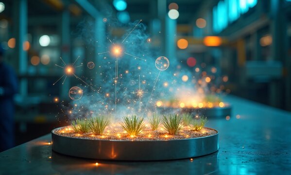 Small green plants grow in a futuristic pot, emitting glowing sparks and mystical mist within a modern industrial setting.