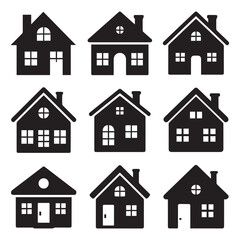 Fototapeta premium A collection of black and white vector houses, each with a unique design, showcases homes, buildings, and residential architecture on a plain white background