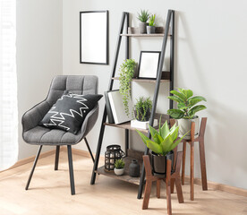 Scandinavian inspired lounge corner with charcoal tufted accent chair and zigzag cushion,...